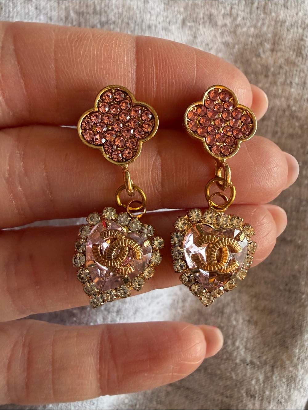 Upcycled Chanel Gold-Tone Pink Crystal Drop Earrings with Interlocking CC